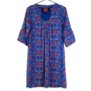 Tracy Negoshian Womens Shift Dress Blue Floral Lined Notch Neck 3/4 Sleeve XS